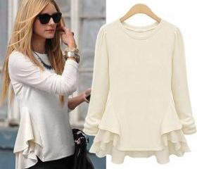 Simple Solid Color Puff Sleeve Mesh Splicing Chiffon Shirt main image 0