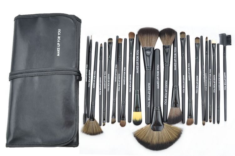 High Quality 24 Pcs/set Makeup Brush Cosmetic Set Kit Packed In High Quality Leather Case - Black